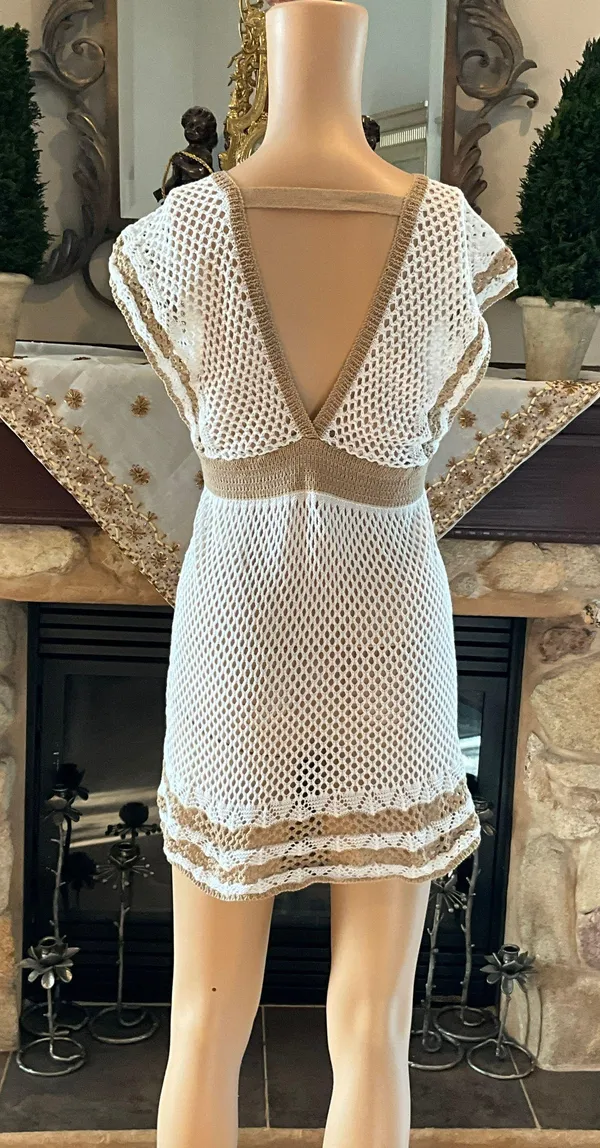 Beautiful White And Tan Beach Cover Up Dress L - Image 6