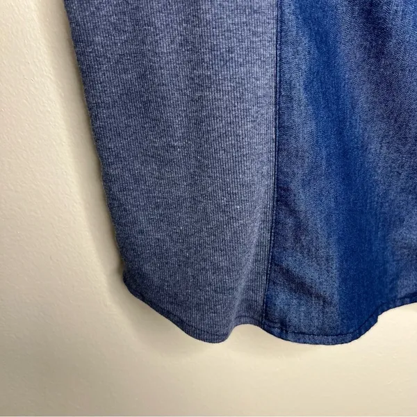 NY Collection Woman Dark Wash Cotton Chambray‎ Flutter Sleeve Button Front Top - Image 4