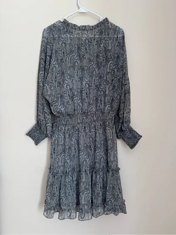 Lovestitch Paisley Boho Peasant Mini Dress Women’s Large Blue Gray Tassel NWT - Image 2