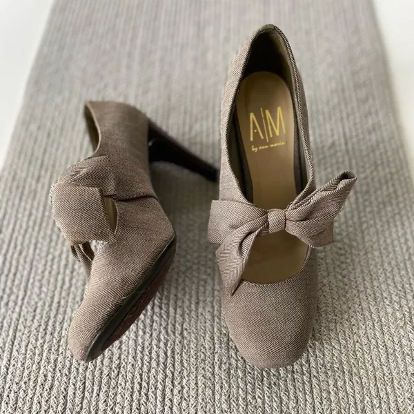 Vintage Ann Marino Brown White Herringbone Bow Tie High Heel Pumps Size 8.5 - Image 6