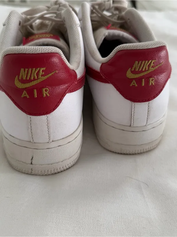 Nike Air Force 1s in white and gym red with gold accents size women’s 9.5 - Image 2