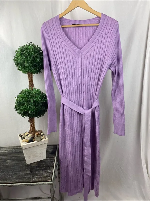 Merokeety Lavender Purple Long Sleeve Knit Ribbed Sweater Dress L - Image 2
