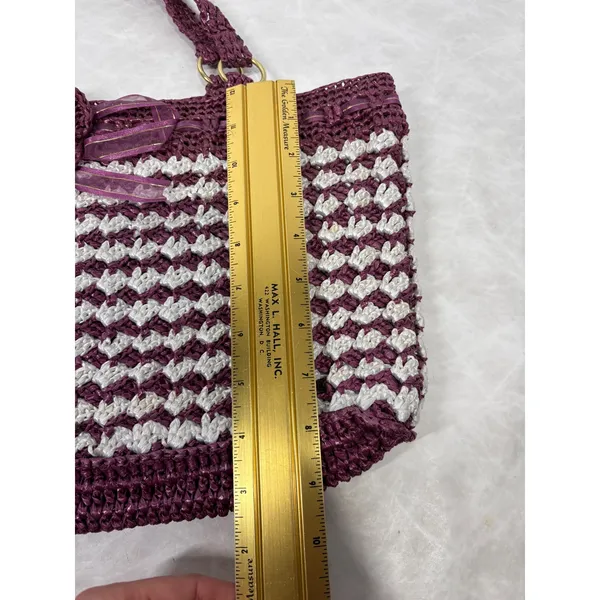 Vintage Handmade Purple White‎ Crochet Nylon Tote Bag Floral Heart Detail Boho - Image 9
