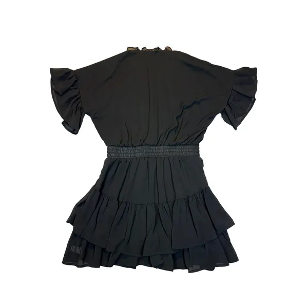 Womens Black Ruffle Tiered Mini Dress V-Neck Smocked Waist Flutter Sleeve Large - Image 2