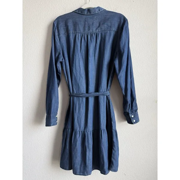 LOFT Chambray Flounce Shirt Dress Tie Waist Long Sleeve Blue Women Large Coastal - Image 4