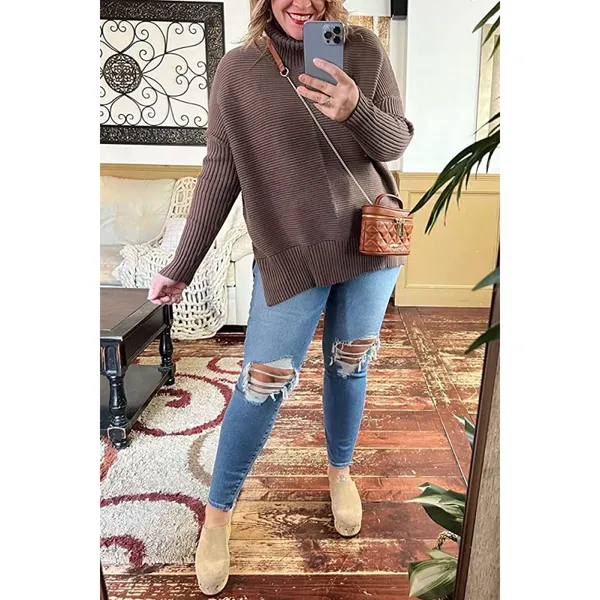 Turtleneck Oversized Tunic Long Sleeve Spilt Hem Pullover Knit Sweater Top S - Image 5