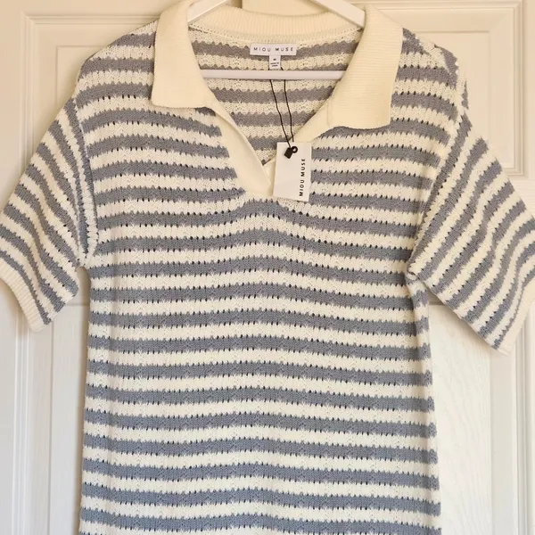 Miou Muse Striped Open Knit Midi‎ Dress Collared Blue/White Size M NEW Nautical - Image 3