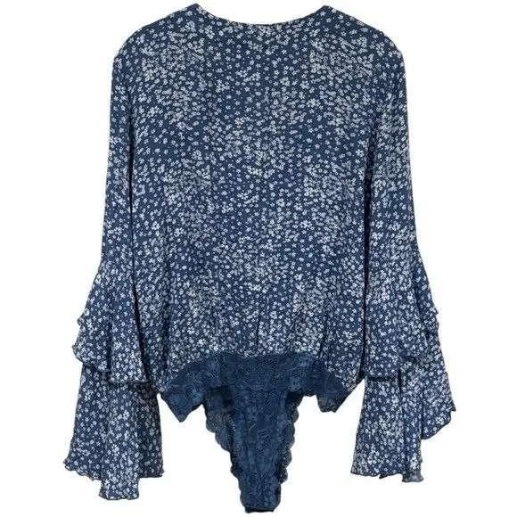 Free People Ditsy Floral Lace Bell Ruffle Sleeve Bodysuit Fairy Whimsical S - Image 6