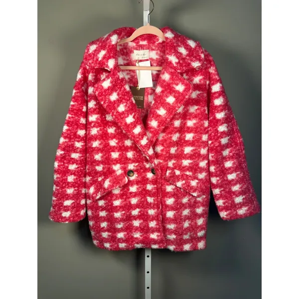 Active USA Fuchsia Pink Check Boucle Fleece Coat Large NWT Barbiecore‎ - Image 2