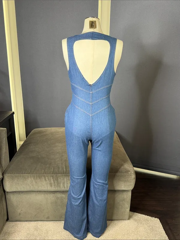 Sleeveless Sexy Blue Denim Jumpsuit Front Zip Slim Fit Retro 70s Flare Size S - Image 5
