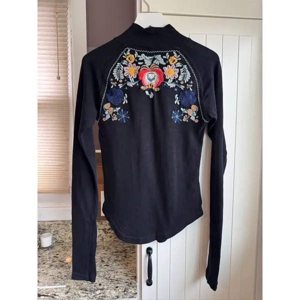 Free People Disco Rose Black Embroidered Folk Floral Mock Neck Top XS - Image 3