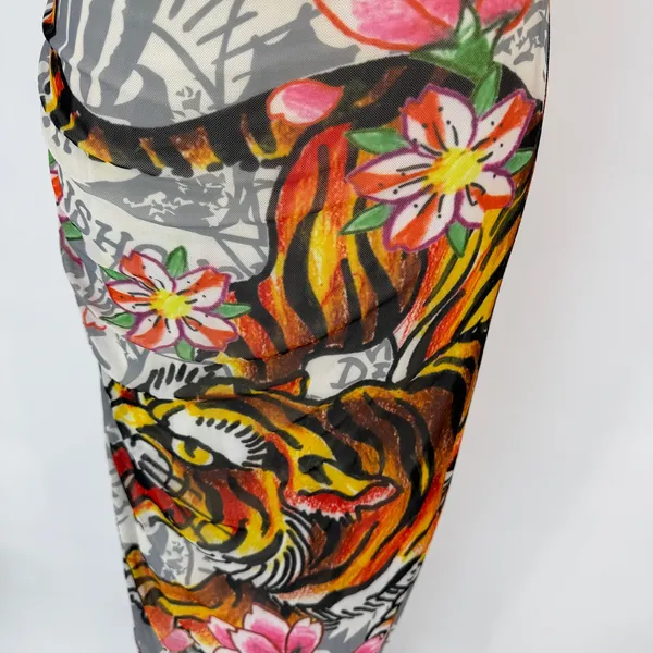 Ed Hardy Tattoo Tiger Mesh Maxi Dress Y2K Grunge Cyber Mock Neck Bodycon Size S - Image 7