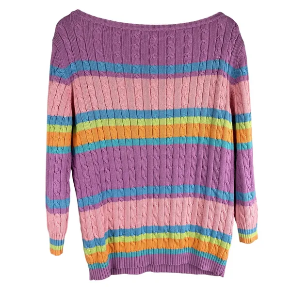 Vintage Lauren by Ralph Lauren Cable Knit Boat Neck Striped Sweater‎ Size Large - Image 3
