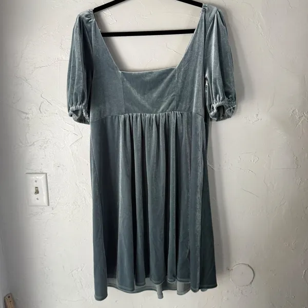 Vyllete Velvet Puff Slv Square Neck Babydoll Dress Teal XL Party Holiday‎ Winter - Image 4