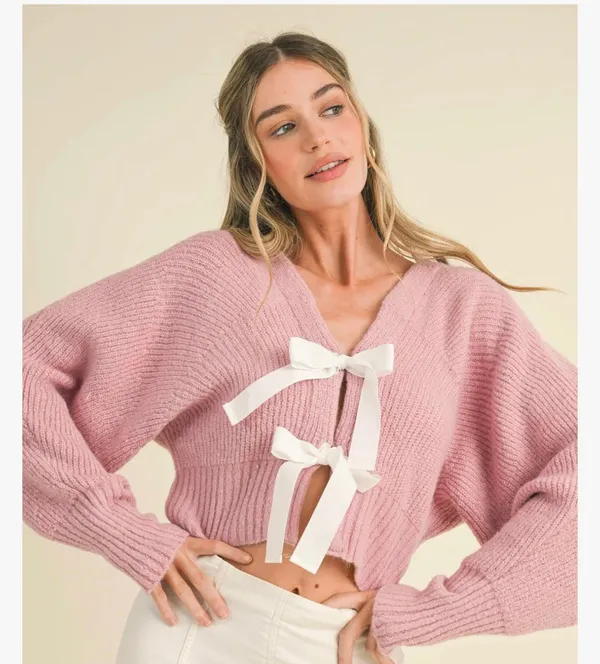Tie Front Bow Cardigan Pink Size L - Image 2