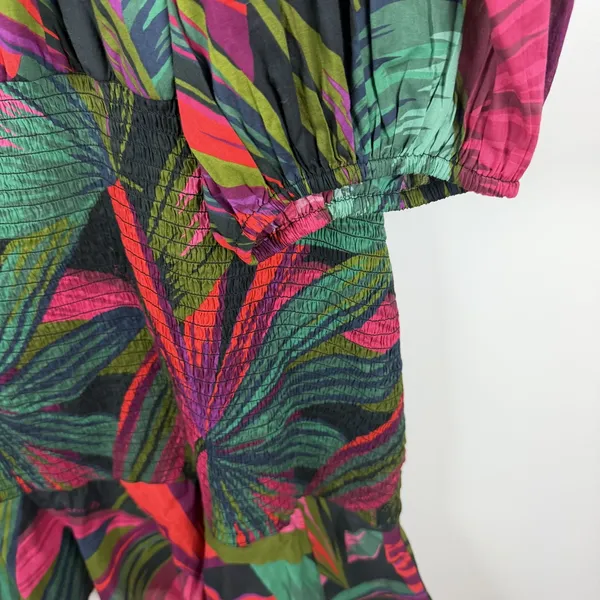Farm Rio Tropical Palm‎ Leaf Smocked Puff Sleeve Mini Dress XL Vacation Resort - Image 3