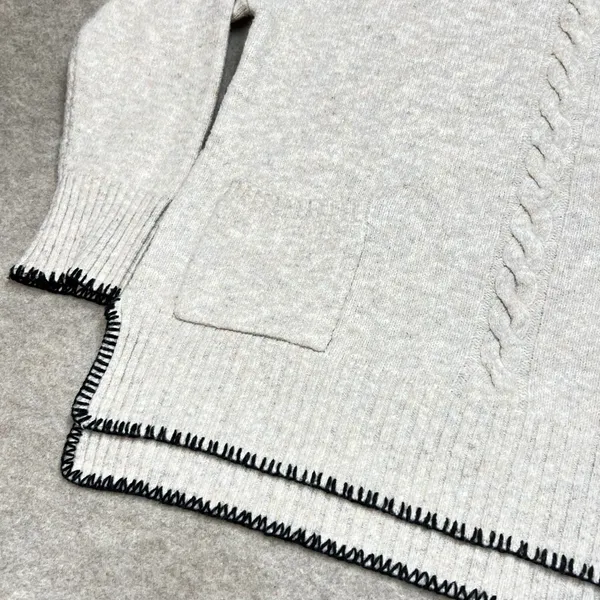 Papillon Womens XL Oatmeal Blanket Stitch‎ Cable Knit Pocket Sweater Minimalist - Image 2