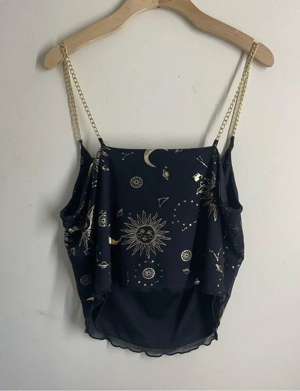 Rue21 Vintage Y2K Celestial Print Cowl Neck Cami Top Chain Straps Black Gold L - Image 2