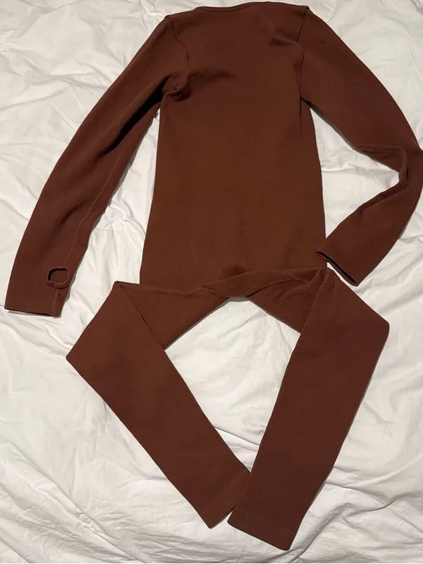 Brown Ribbed Long Sleeve Jumpsuit - Image 2