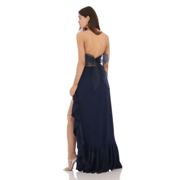 Lucy In The Sky Navy Blue Strapless Back Bow Corset Maxi Dress Medium - Image 3