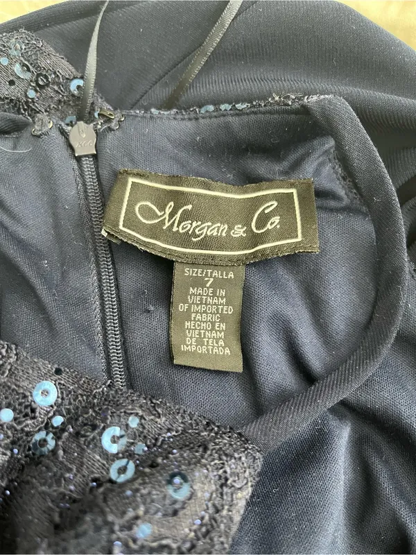 Morgan & Co Navy Lace Sequin Halter Maxi Gown Prom Evening Formal Dress Junior 7 - Image 11