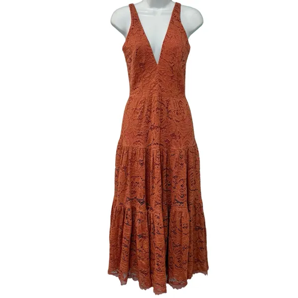 Dress the Population Burnt Orange Gold Lace Tiered V-Neck Midi Dress size S - Image 3