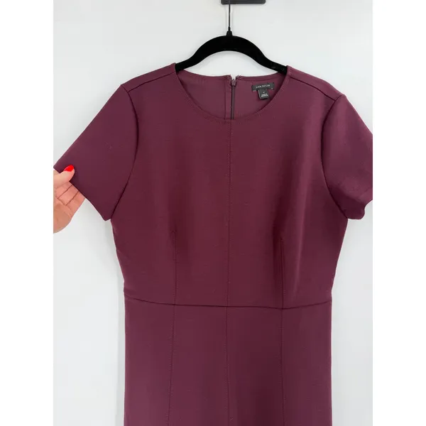 Ann Taylor Ponte Fit and Flare Dress 8 Burgundy Short Sleeve Professional Office - Image 6