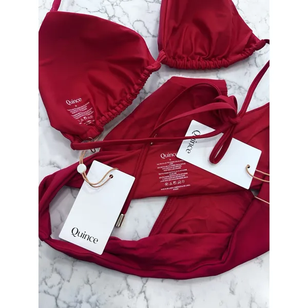 NWT Quince Cherry Red Italian Triangle Bikini Top & Low Rise Bottoms Set Medium - Image 3
