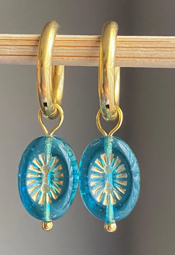 Handmade retro vintage chic whimsical style quality Czech glass beads 2WAY hoop dangle earrings🩵 - Image 2