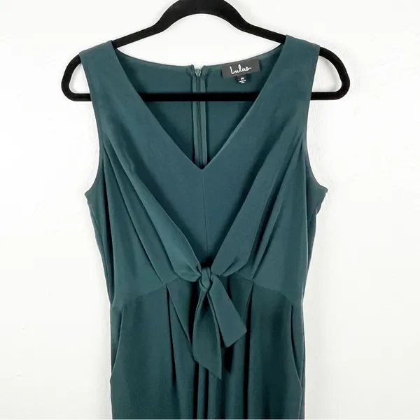 LULUS Emerald Green Knot Front V-Neck Side Pockets Flare Legs Jumpsuit Medium - Image 6