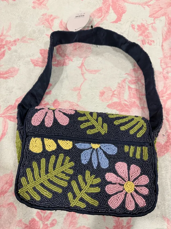 Navy Multicolor Floral Beaded Bag Blue - Image 2
