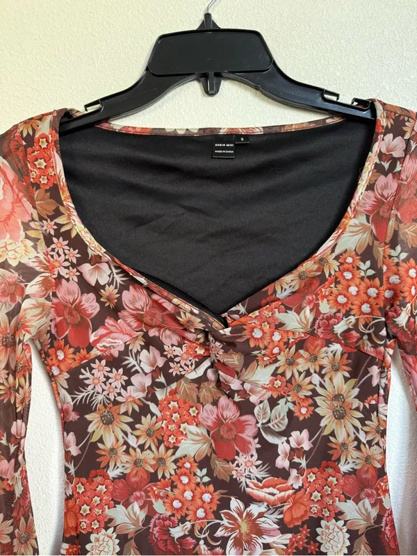 Y2K Floral Mesh Mini Dress Bell Sleeves Ruched Bust Boho Fairycore Grunge Size S - Image 5