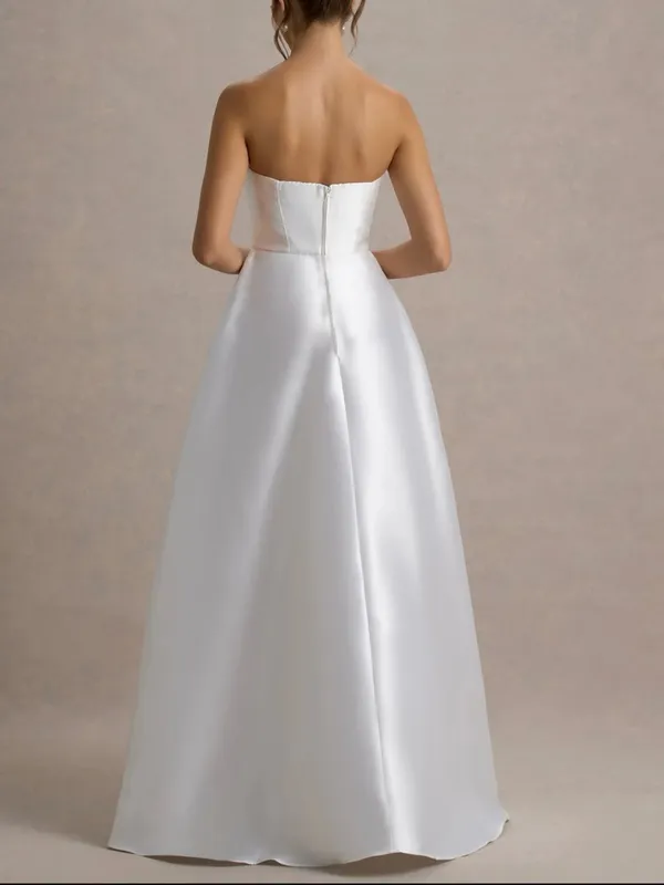 White Bandeau Split Puff-Skirt Satin Maxi Dress Bridal Special Occasion Gown - Image 2