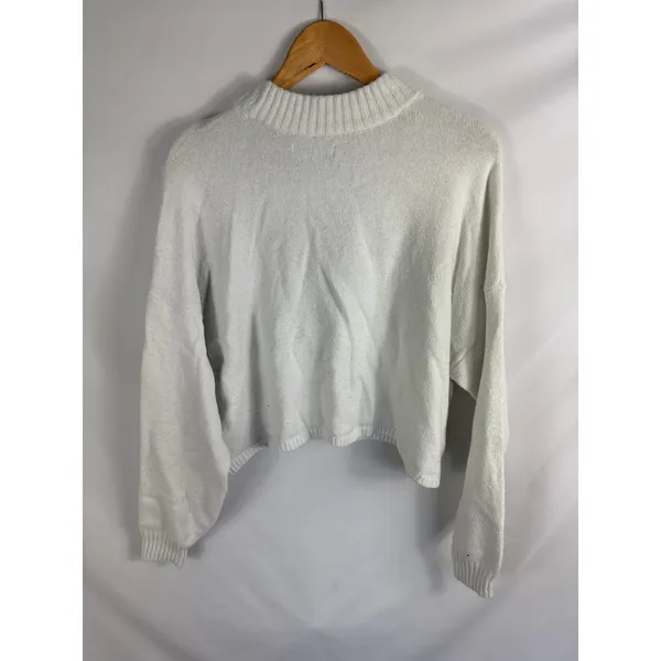 Hollister Patterned Front Crop Sweater White Size Large - Image 3