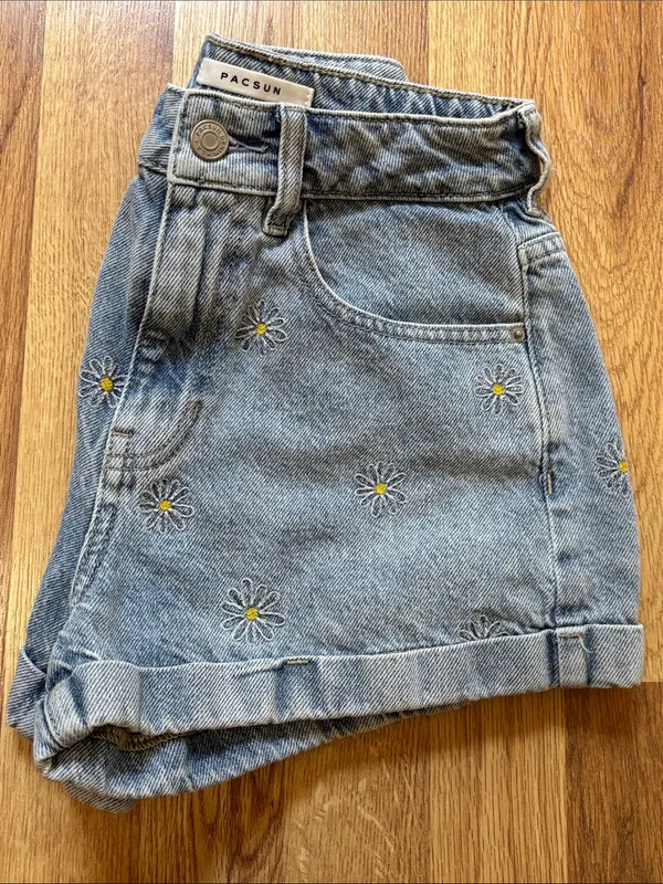 PacSun Light Blue Daisy Embroidered Denim Mom Shorts - Image 5