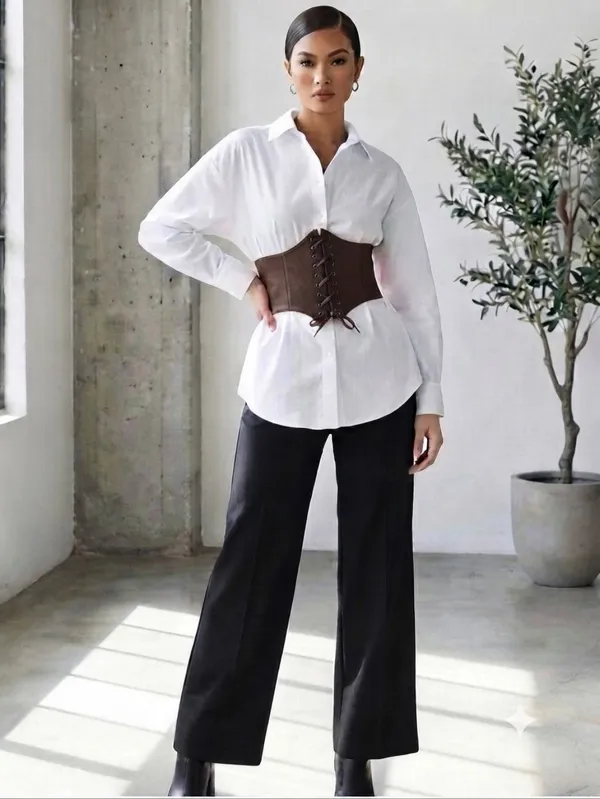 Vintage Style Brown Faux Leather Lace Up‎ Elastic Girdle Casual Wide Waistband - Image 3