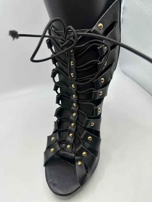Black Studded Strappy Lace Up Stiletto Heel Ankle Booties Open Toe 6 Rocker Glam - Image 5