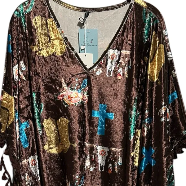 NWT Fashion U Brown Crushed Velvet Western Poncho With Tassels - Image 2
