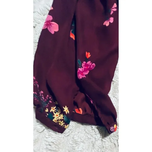Old Navy Burgundy Floral V-Neck Peplum Blouse‎ Long Sleeve Top - Image 14
