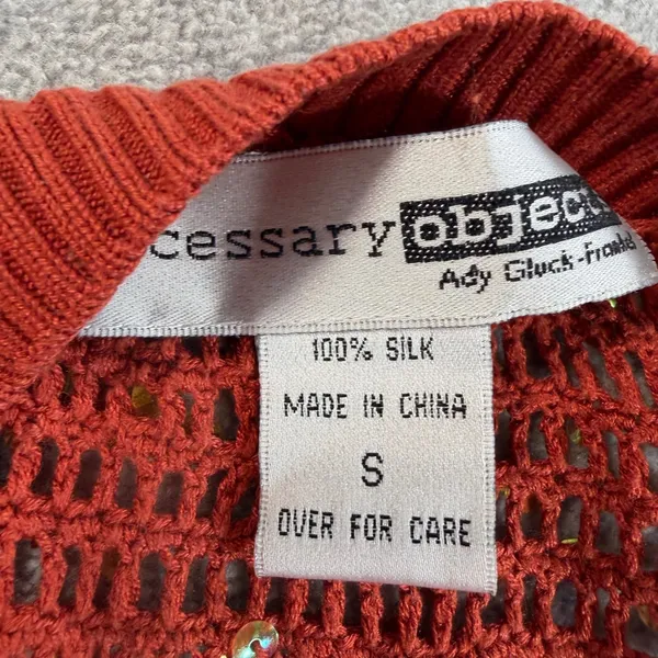 Necessary Objects Women's S Rust Orange Sequin 100% Silk Open Knit Cardigan Vest - Image 3