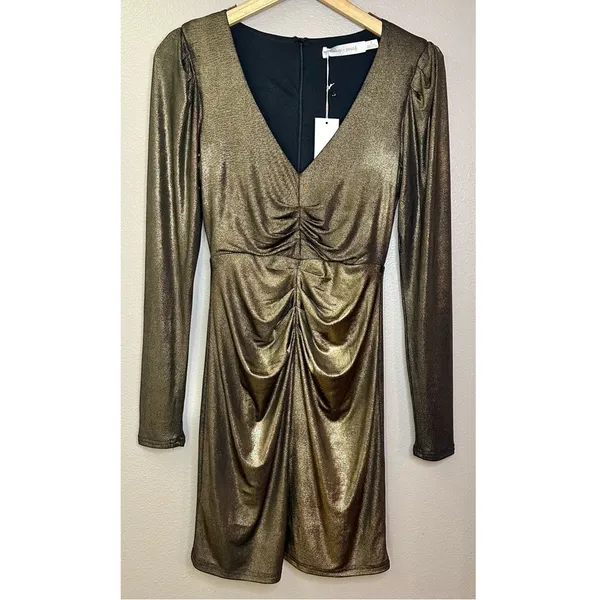 NWT Bishop + Young Luxe Metallic Long Sleeved Ruched Fitted Mini Dress Party - Image 2
