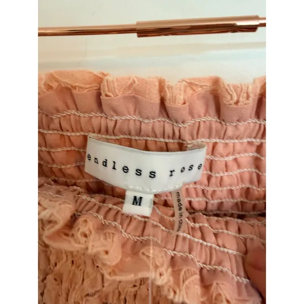 Endless Rose Mini Skirt Women Size M Pink Smocked‎ Lace Ruffle Pom Pom Trim - Image 4