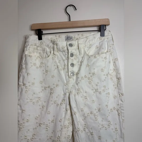 J.Crew‎ Billie Demi Boot Crop Jeans 28 White Embroidered Floral Raw Hem Cotton - Image 7