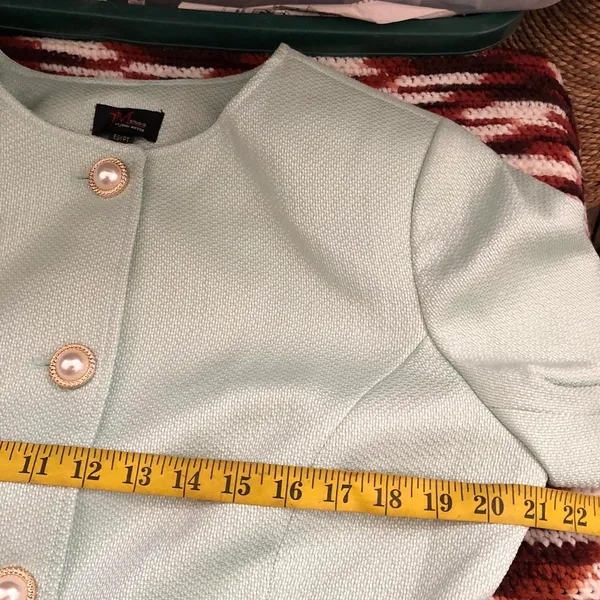 NWT JM Studio John Meyer Light Mint Green Tweed Blazer Jacket Pearl Gold Button Linen Blend Preppy Old Money Office Siren #Regal #Regency Women M Measurement in pics - Image 6