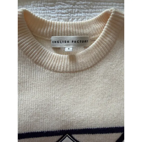 English Factory Golf Crest Sweater Cream Navy Striped Preppy Golfcore Small - Image 8