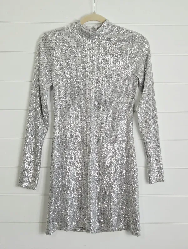 Abercrombie & Fitch Silver Shimmering Sequin Long Sleeve Mini Dress Size S - Image 3