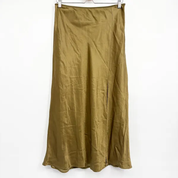 Whimsy + Row Womens Earthy Silky Hunter Green Satin Slit Midi Charlie Skirt L - Image 3
