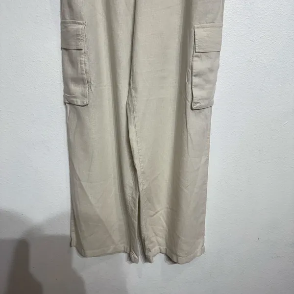 Happily Grey Cream Linen Blend Wide Leg Pants High Rise Flowy Sz L - Image 4