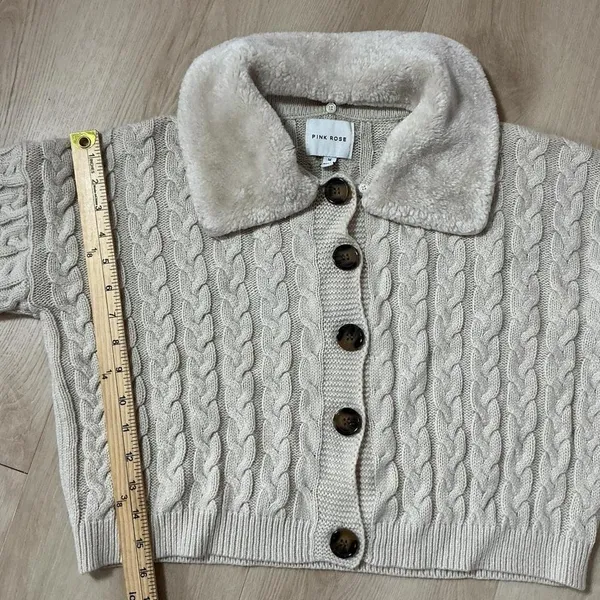 PINK ROSE Cable Knit Faux Fur‎ Collar Cardigan Sweater Cream Beige Penny Lane - Image 4