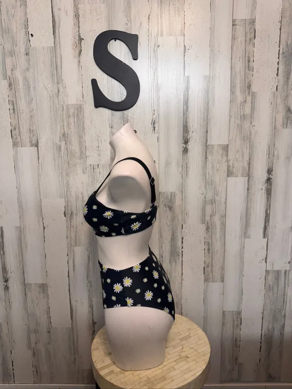 Daisy Floral High Waisted Bikini Set 2 Piece Swimsuit Womens Small Black White - Image 2